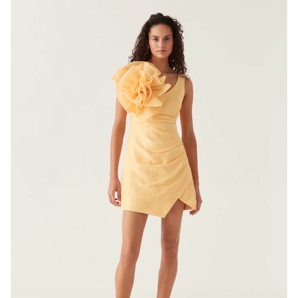 Aje Yellow One-Shoulder Floral Applique Mini Dress